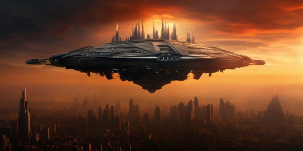 City-skyscraper-spaceship-clouds-sunset-sunset-glow-sky-city