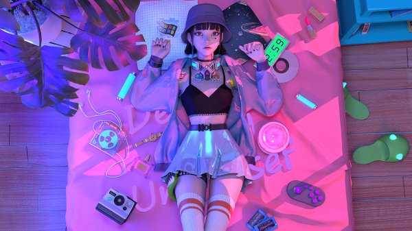 Retro Punk Anime Girl Lying On Bed