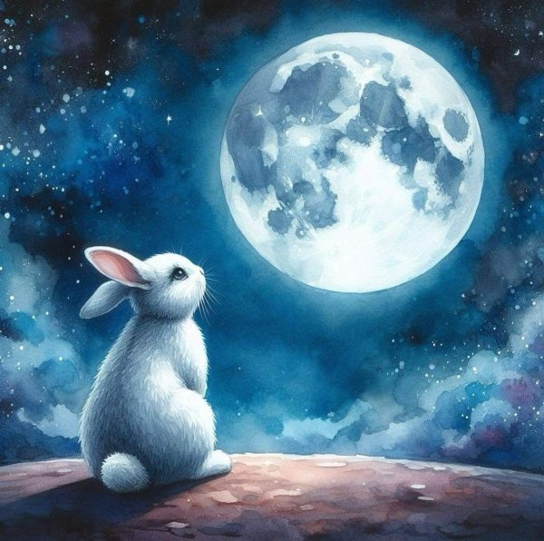 Білий кролик дивиться на місяць