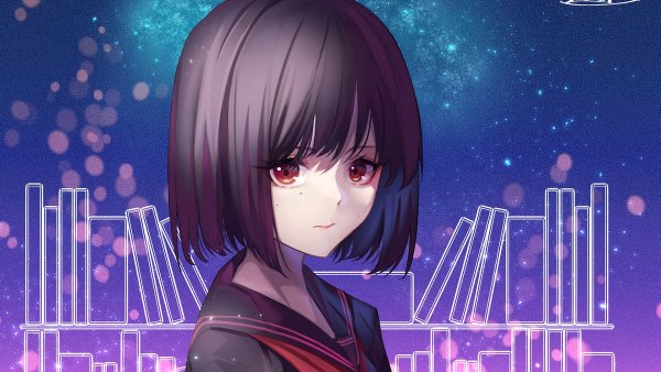 Portret shkolnici na fioletovom fone s siluetami knig