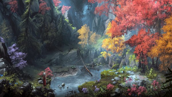 warrior-sword-weapon-cape-forest-trees-river-landscape-rocks