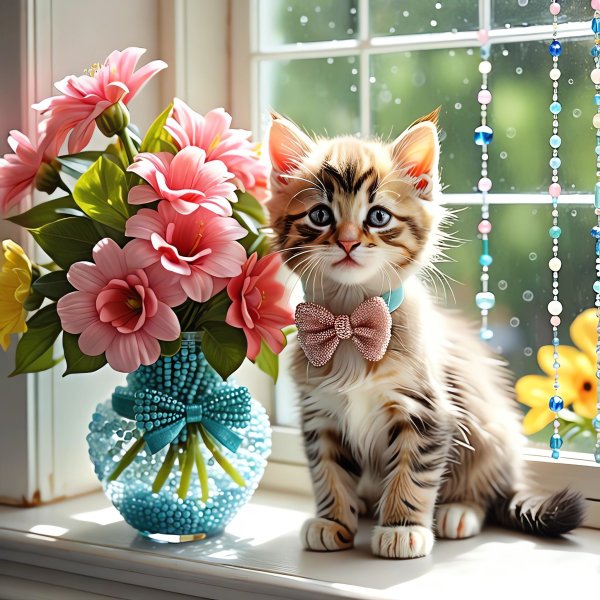Котята и ваза с цветами.20