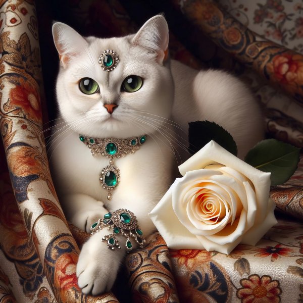 Кошка,белая,глаза зеленые,украшения,роза.12