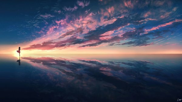 Sunset-anime-girl-silhouette-horizon-clouds-scenery-4k-wall
