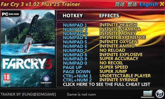 Far Cry 3 v1.0-1.02 Plus 25 Trainer