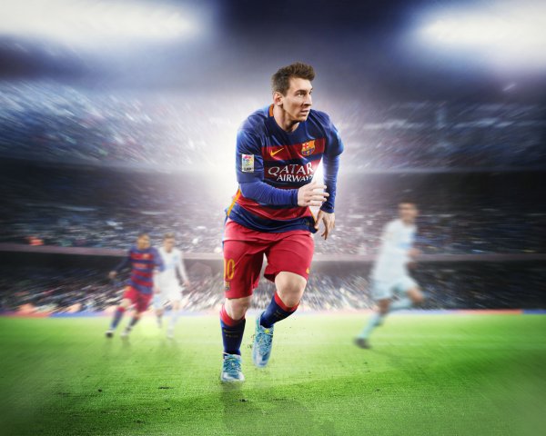 Football player Lionel Messi runs on the football field