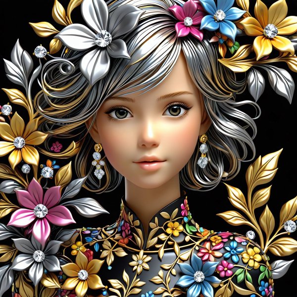 Аниме,девушка,3d,цветы,золото,серебро,стразы.09