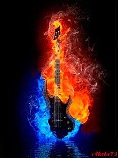 Black guitar on fire