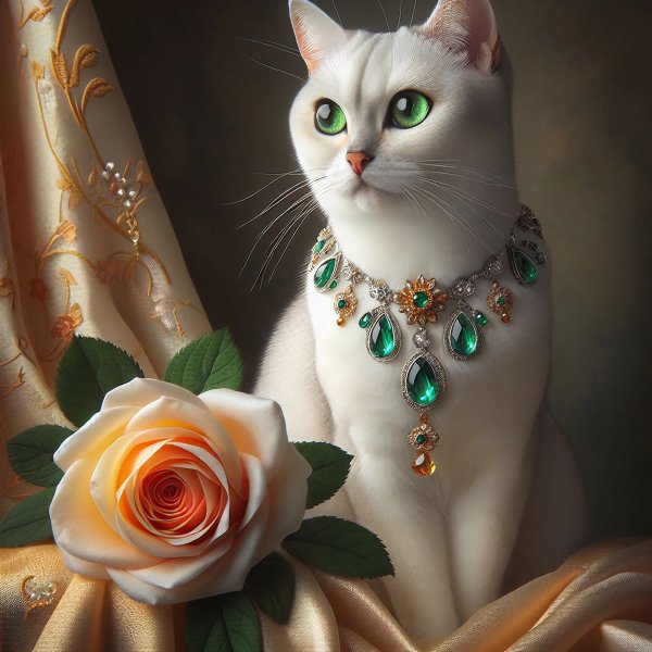 Кошка,белая,глаза зеленые,украшения,роза.05