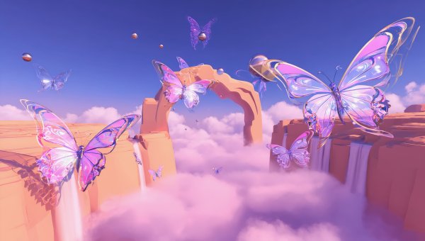 Pink-butterflies-clouds-blue-sky-arch-fantasy