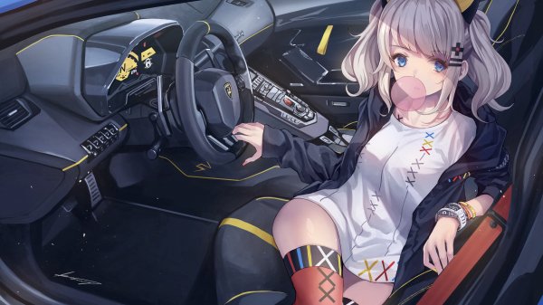 Anime Girl In Lamborghini Blowing Bubble Gum