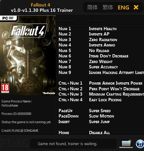 Fallout 4 v1.0-v1.1.30 Plus 16 Trainer