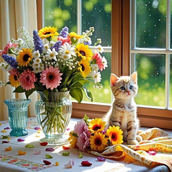 Котята и ваза с цветами.09
