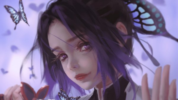demon slayer shinobu kochou with background of purple and fly