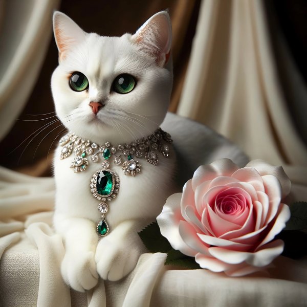 Кошка,белая,глаза зеленые,украшения,роза.14