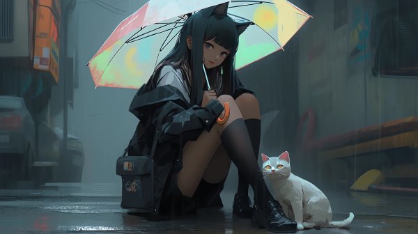 Anime-girls-cats-sitting-animals-umbrell-rain