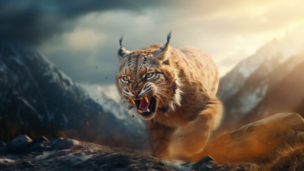 Oskalivshiesja ris idet po gornomu hrebtu v luchah