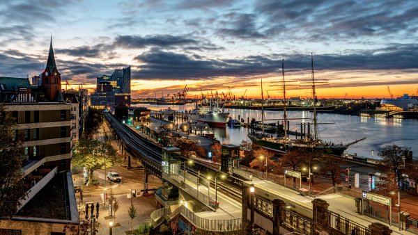 Germany Hamburg Rivers Houses Ships Evening