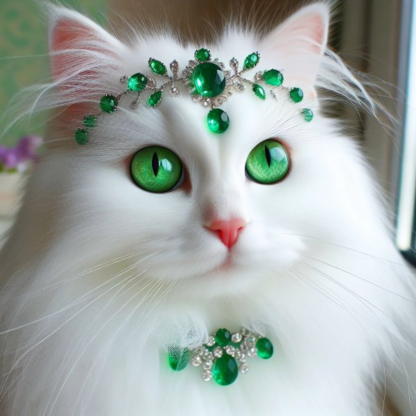 Кошка,белая,пушистая,украшения,изумруды.08