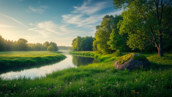 Izvilistaja reka protekaet sredi zelenoj lujajki i derevev