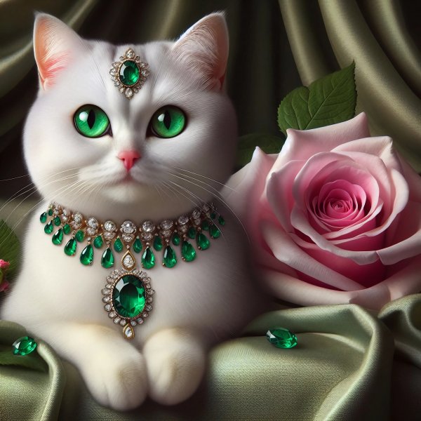 Кошка,белая,глаза зеленые,украшения,роза.04