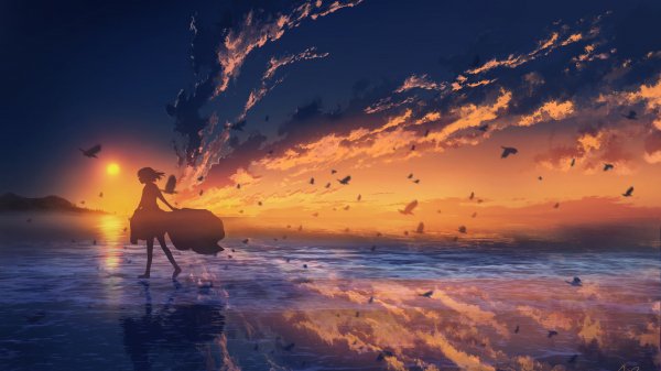 Girl At Horizon While Sunset