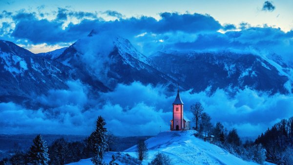 mountains-church-snow-winter-sunset-twilight-mist-sky-clouds