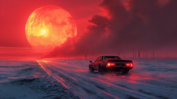 Muscle-car-ice-road-red-moon-digital-art-4k-wallpaper
