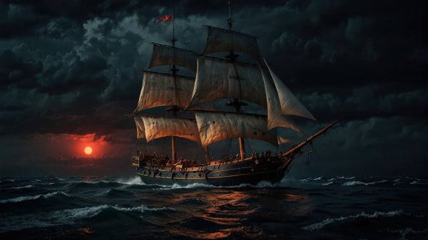 Old-ship-sunset-ocean-digital-art-4k 106@5@h