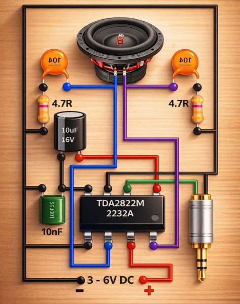 Простой Усилок на ТDA 2822М.и от 3 до 6 вольт питание