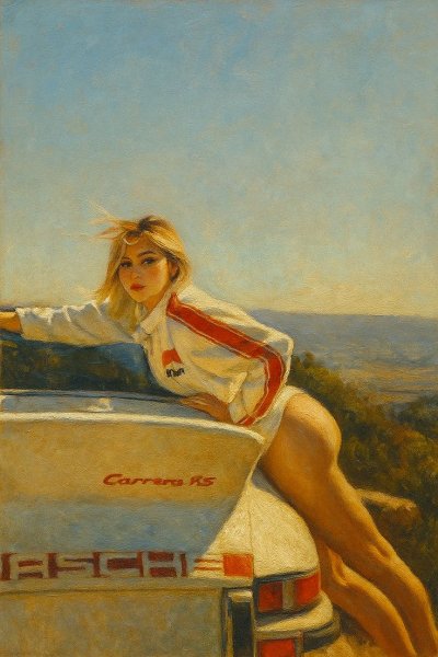 Девушка, позирующая на фоне классического автомобиля Porsche