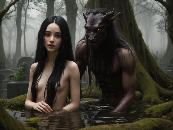 Ведьма и бес купаются на кладбище