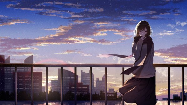 anime-girl-landscape-closed-eyes-fence-scenic-clouds-scarf-