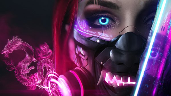 Cyberpunk-girl-oni-mask-sci-fi-digital-art-4k