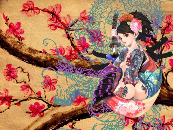 Аниме девушка гейша в татуировках секси АРТ