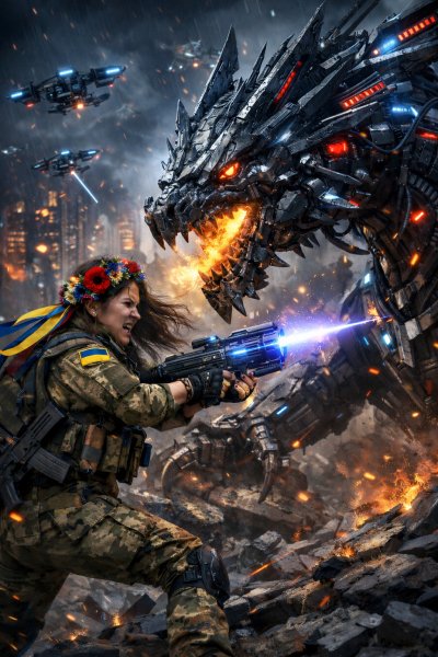 Украинская женщина-воин сражается с драконом