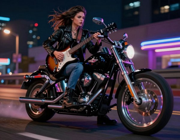 Девушка с гитарой на мотоцикле