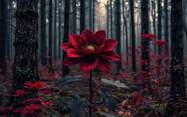 Red-flower-dark-leaves-forest