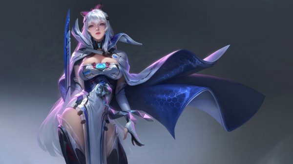 Sci-fi-girl-sword-white-hair-warrior-4k-wallpaper