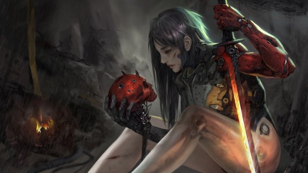 Sci-fi-girl-sword-skull-4K-92