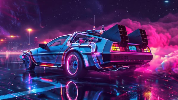 Delorean-car-time-machine-night-smoke-digital-art-4k