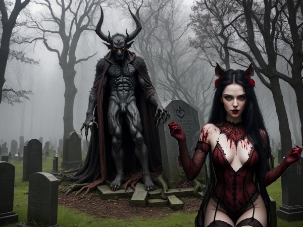 Ведьма с демоном на кладбище