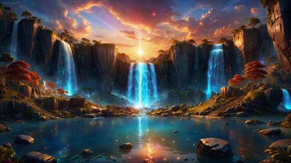 Waterfall-sky-sunrise-scenery-digital-art-4k-wallpaper