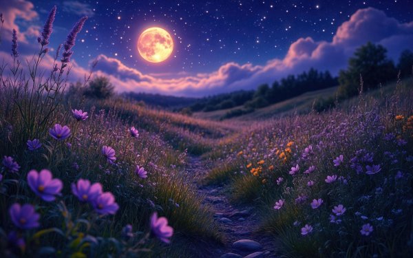Night-landscape-flowers-a-moon