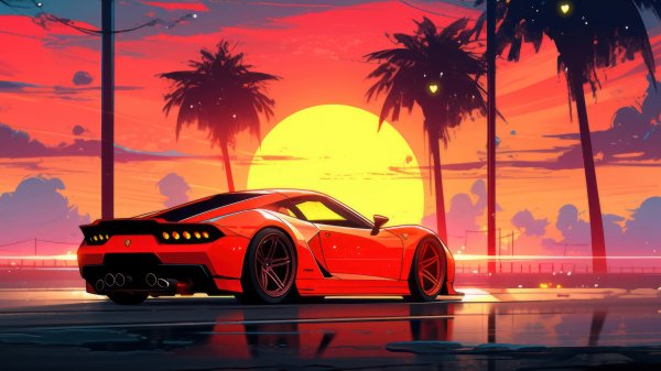 Sports-car-sunset-palm-trees-digital-art-4k-wallpaper