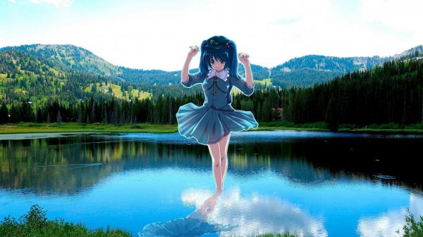 anime devushka model ozero peyzazh 12107 1366x768