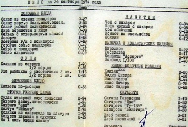 Среднестатистический ресторан 1974 год меню