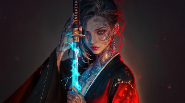 Samurai-girl-tattoo-katana-fantasy-4k 555@5@h