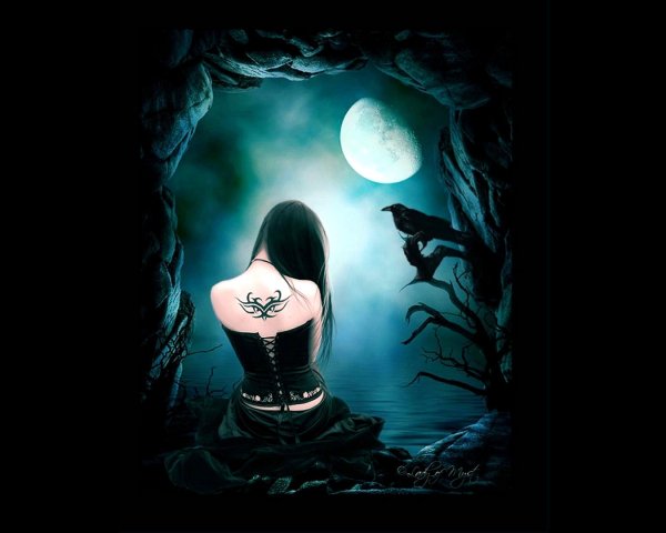 Night,crow, moon,girl