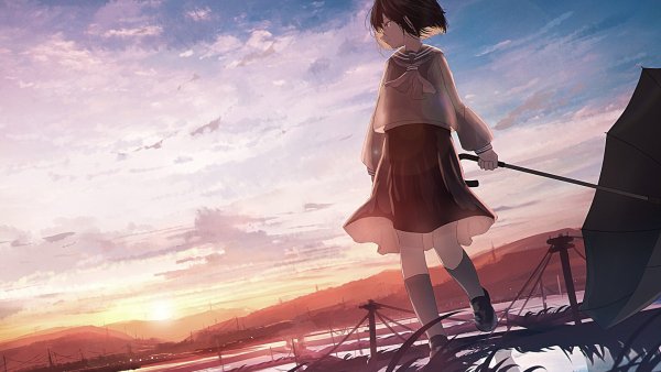anime-girl-sunset-umbrella-clouds-profile-view-anime